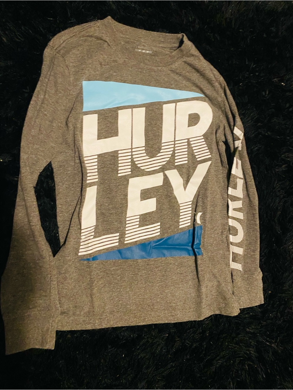 Hurley Gray Long Sleeve Logo Tee with Blue Accents